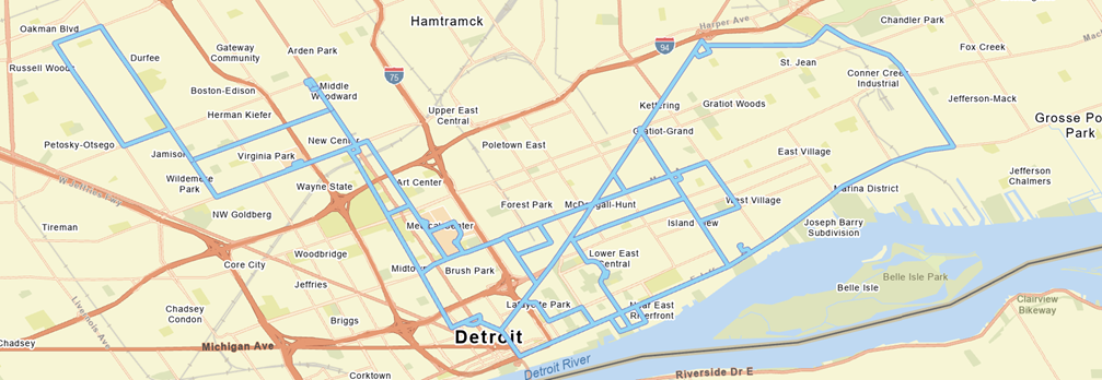 A map of the service area for the Detroit Self-Driving Shuttle Demonstration.